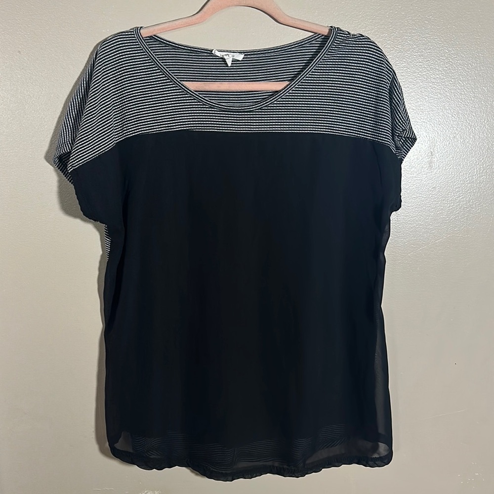 Maurices Black Striped Button Back Mixed Media Top |‎ 0